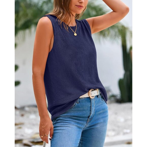 Btfbm Womens Navy Sleeveless Crew Neck Ribbed Knit Lightweight Pullover Sweaters - Picture 5 of 9